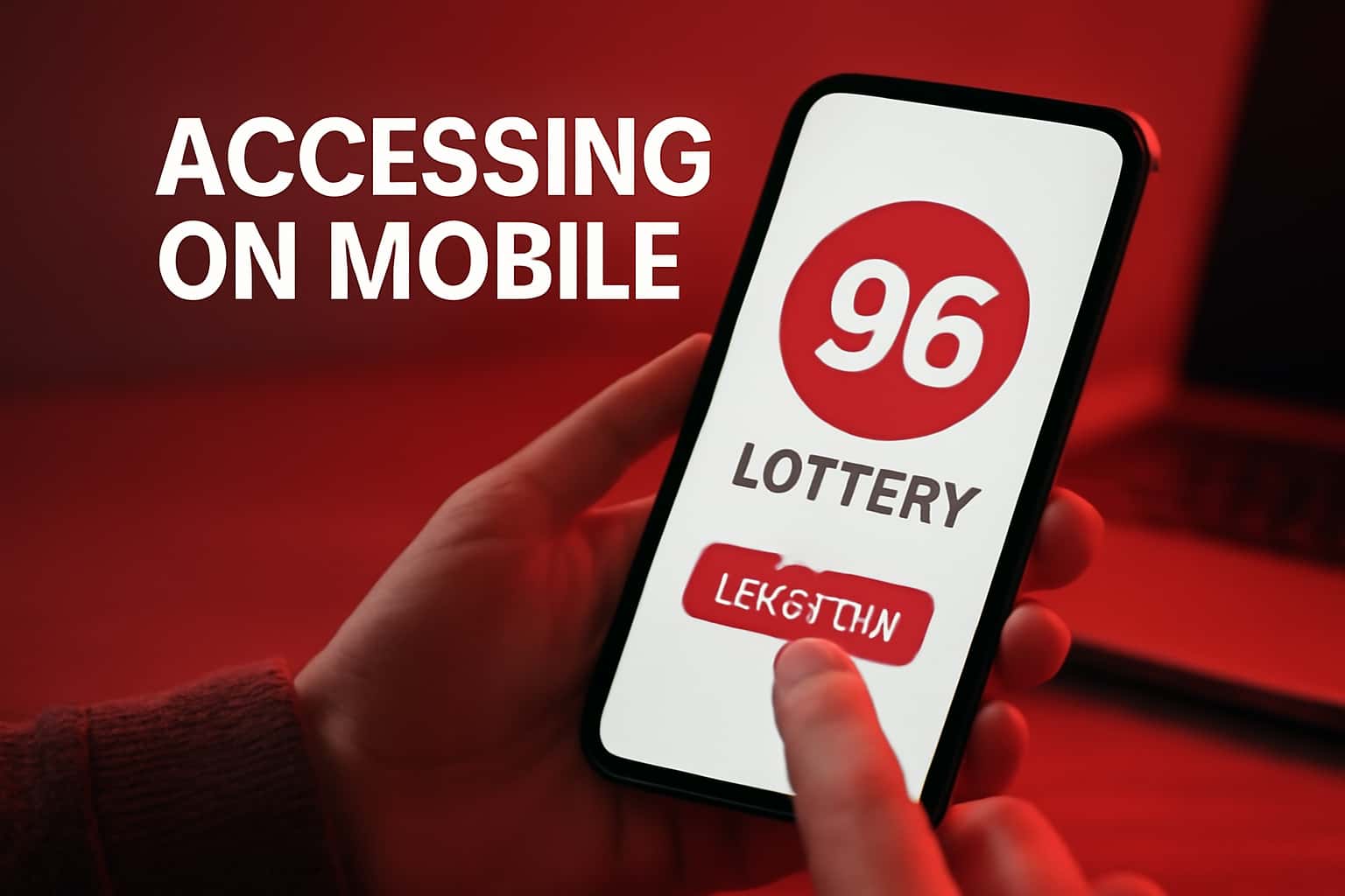 An informative illustration showcasing mobile access to 96 Lottery with relevant text.