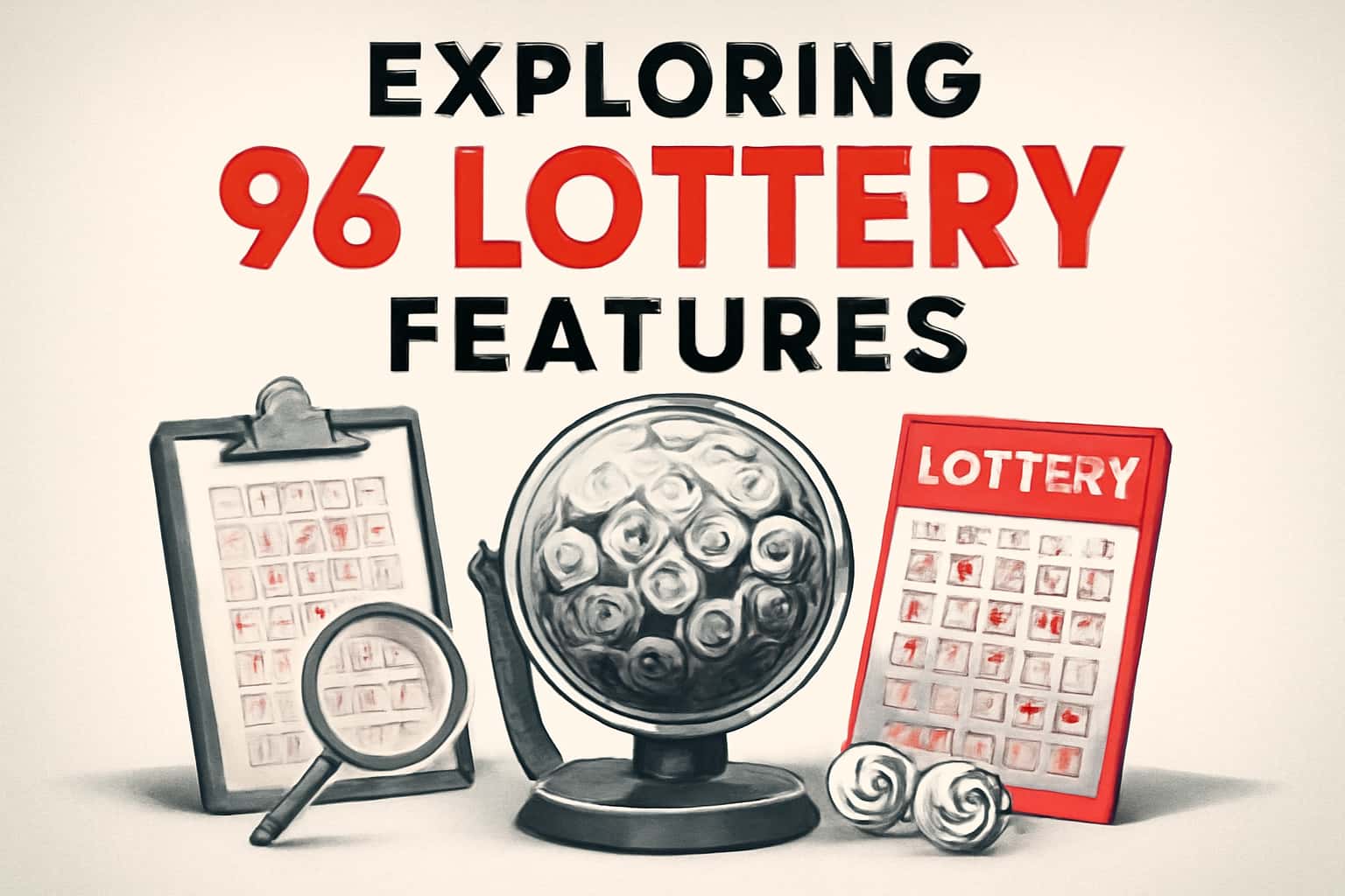 A neutral informational scene showcasing the 96 Lottery features with clear text.