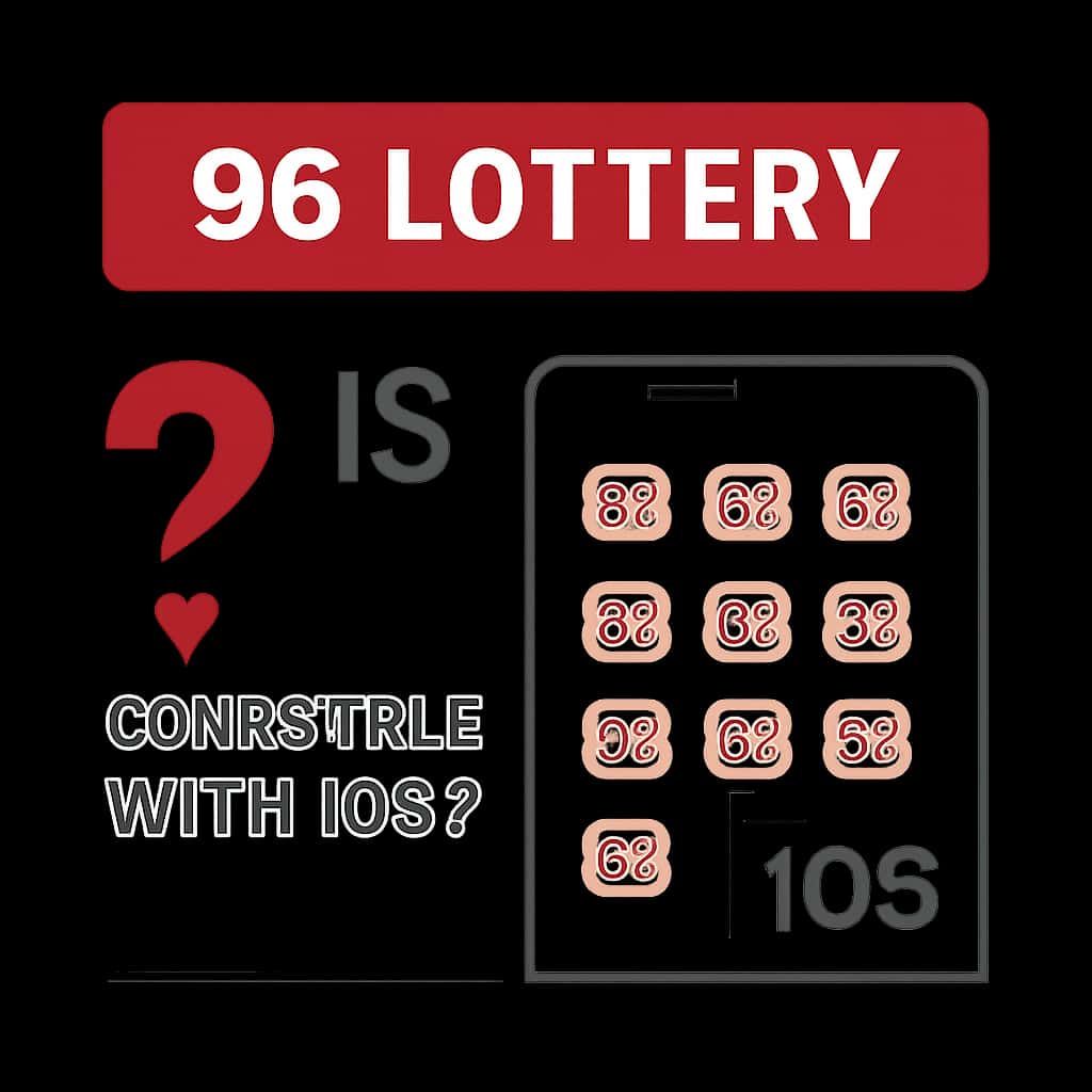 Illustration detailing the key features of 96 Lottery on iOS.